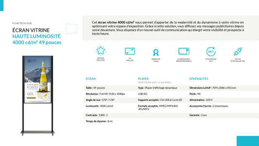 Écran vitrine HAUTE LUMINOSITÉ 49 pouces 4000 cd/m²